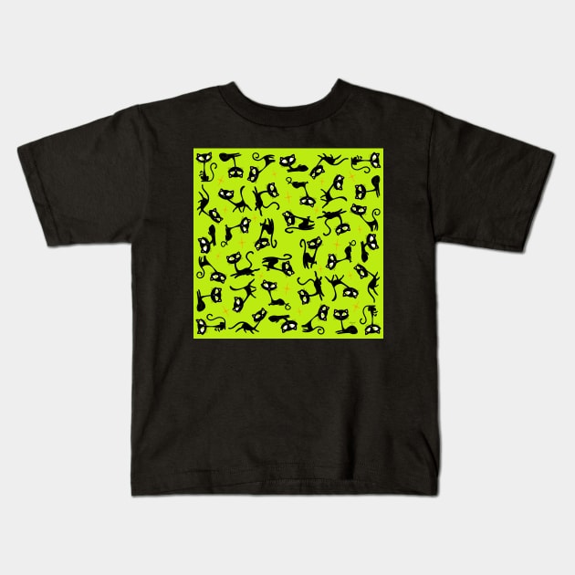 Retro Sassy Tiki Cats with Sparkles (lime version) Kids T-Shirt by ErinKantBarnard